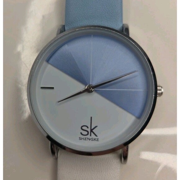 Shengke SK Watch Blue & White Face & Faux Leather Band 9" Wristband End To End - Picture 1 of 5